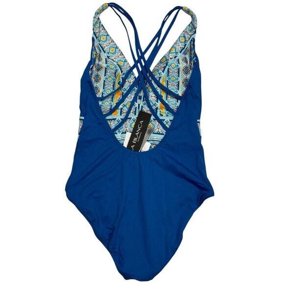 La Blanca Sz 4 Swimsuit Reversible One Piece Blue Mosaic UPF 50+ Boho Retro - Picture 8 of 9